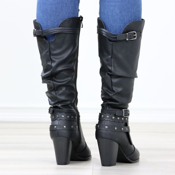 Motorcycle Heeled Boots For Rocker Biker Girls Below The Knee Black Faux Leather - Picture 6 of 14